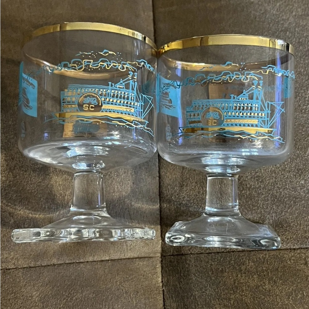 Vintage MCM Libbey Steamboat Glass Cup Set Of 2 Teal And Gold Southern Comfort